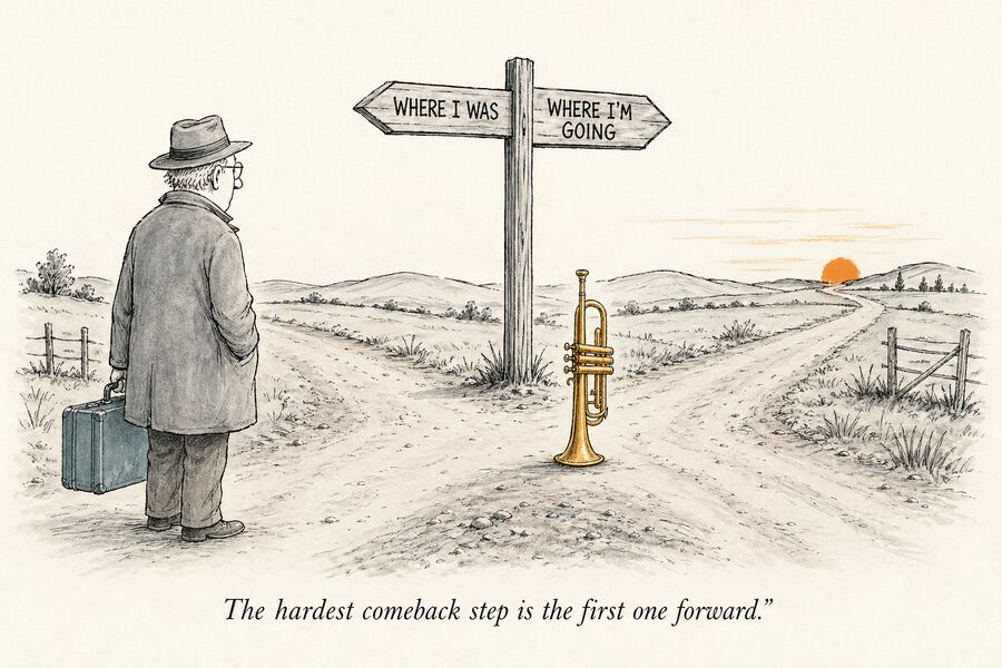 A trumpeter standing at a crossroads deciding which path to take, watercolor cartoon