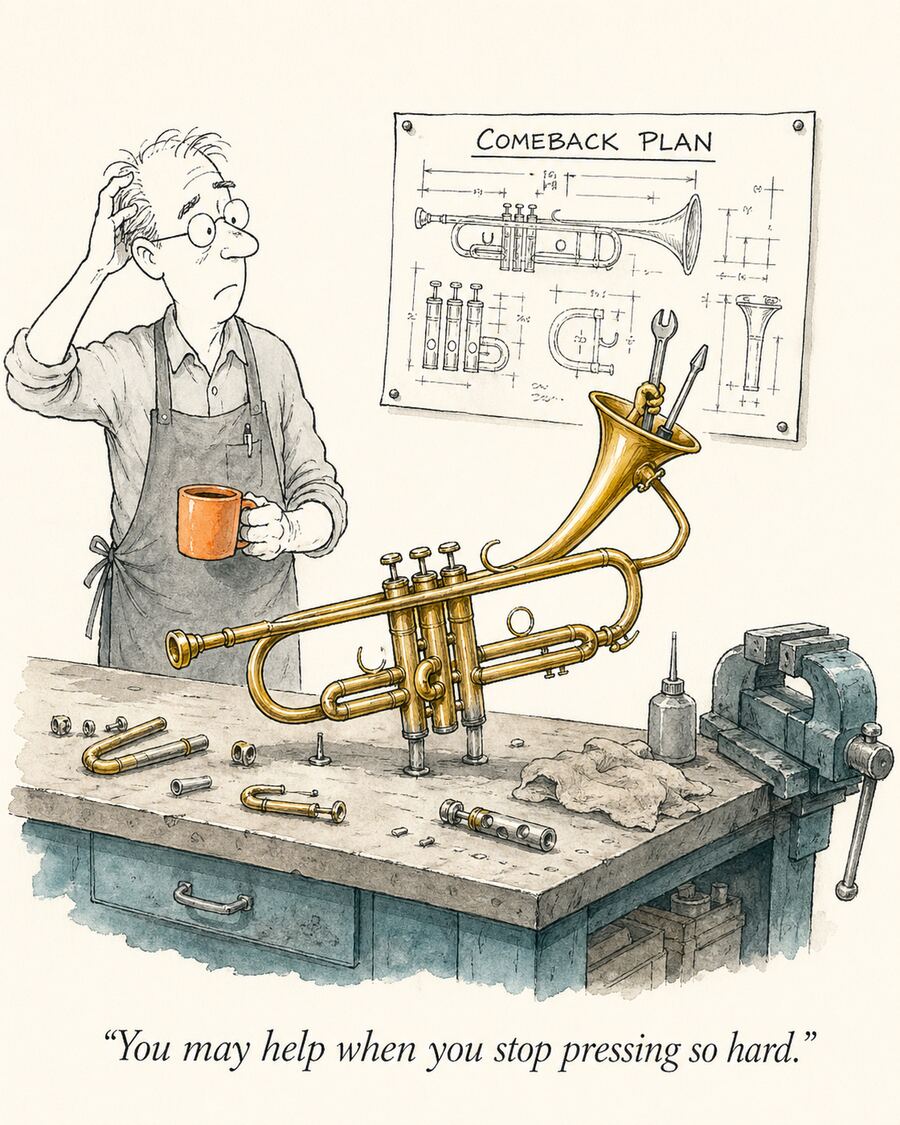 A workbench with trumpet parts laid out methodically for rebuilding, watercolor cartoon
