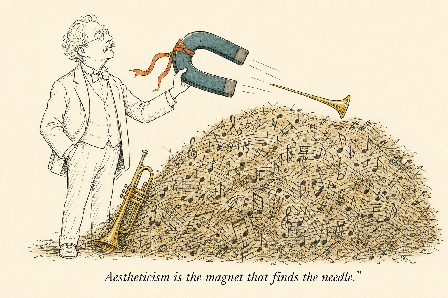 Older trumpet player holding a large dusty teal magnet that pulls a single golden trumpet-shaped needle from a haystack of jumbled musical notes.