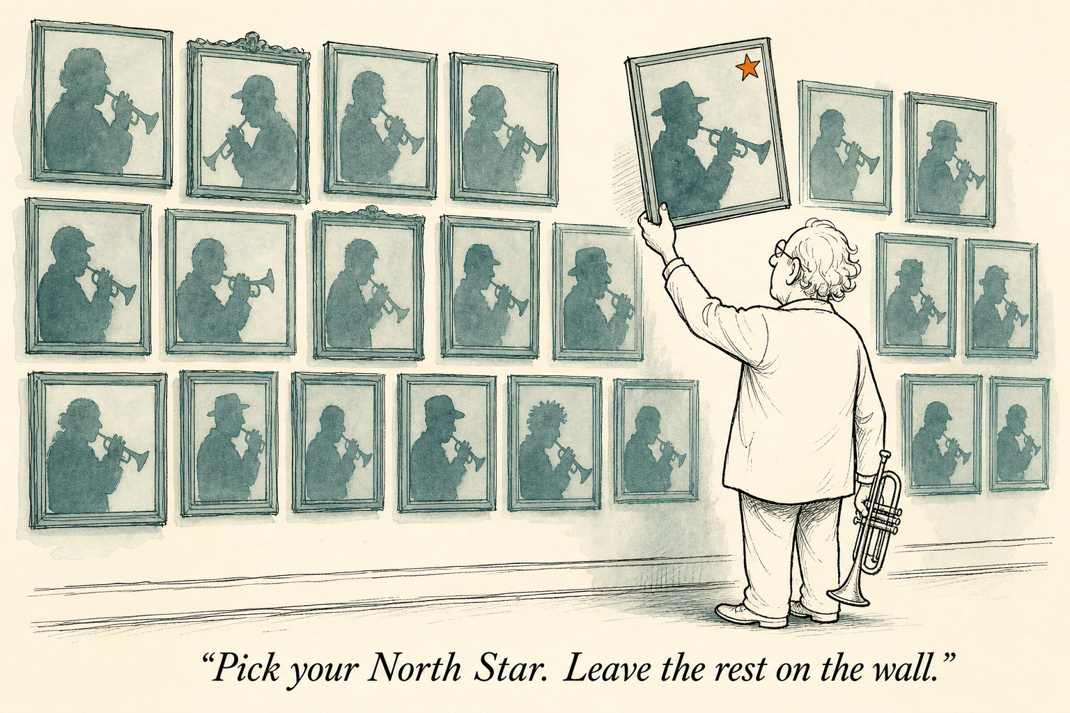 Older trumpet player in front of a tall wall covered in framed silhouettes of different trumpet masters, lifting one frame off the wall as his chosen North Star.
