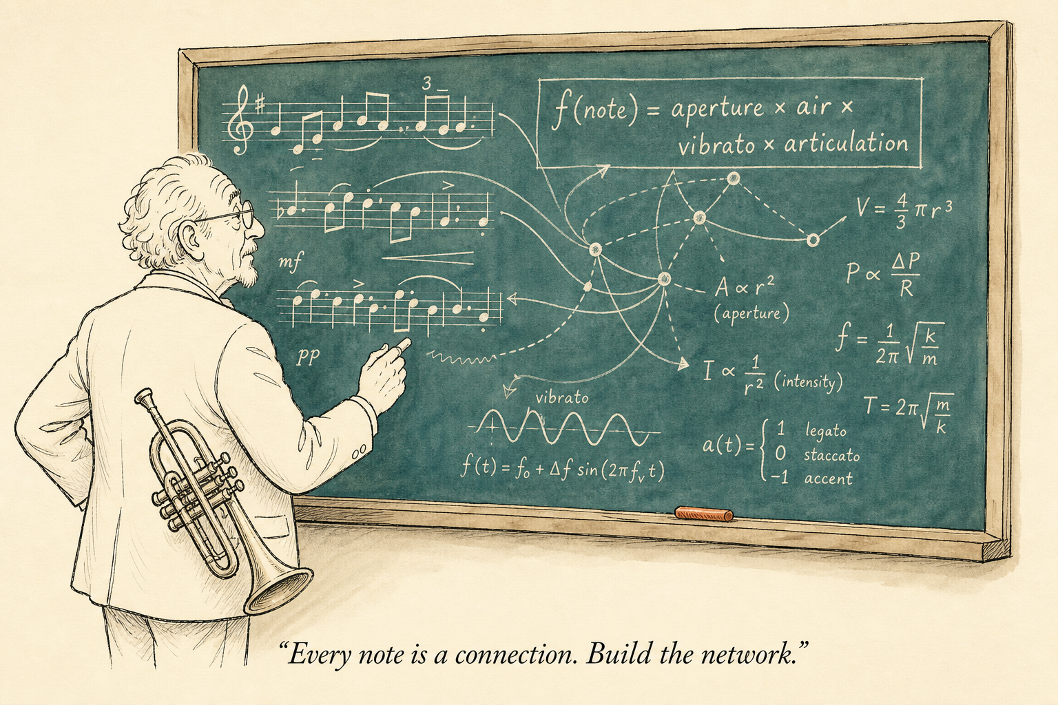 Older trumpet player at a chalkboard covered in musical notation and equations like f(note) = aperture × air × vibrato × articulation, with connecting arrows like a neural network.