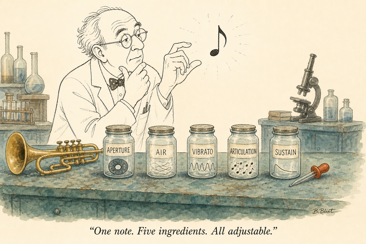 Older trumpet player in a lab coat at a laboratory bench examining a single floating musical note, surrounded by five jars labeled APERTURE, AIR, VIBRATO, ARTICULATION, SUSTAIN.