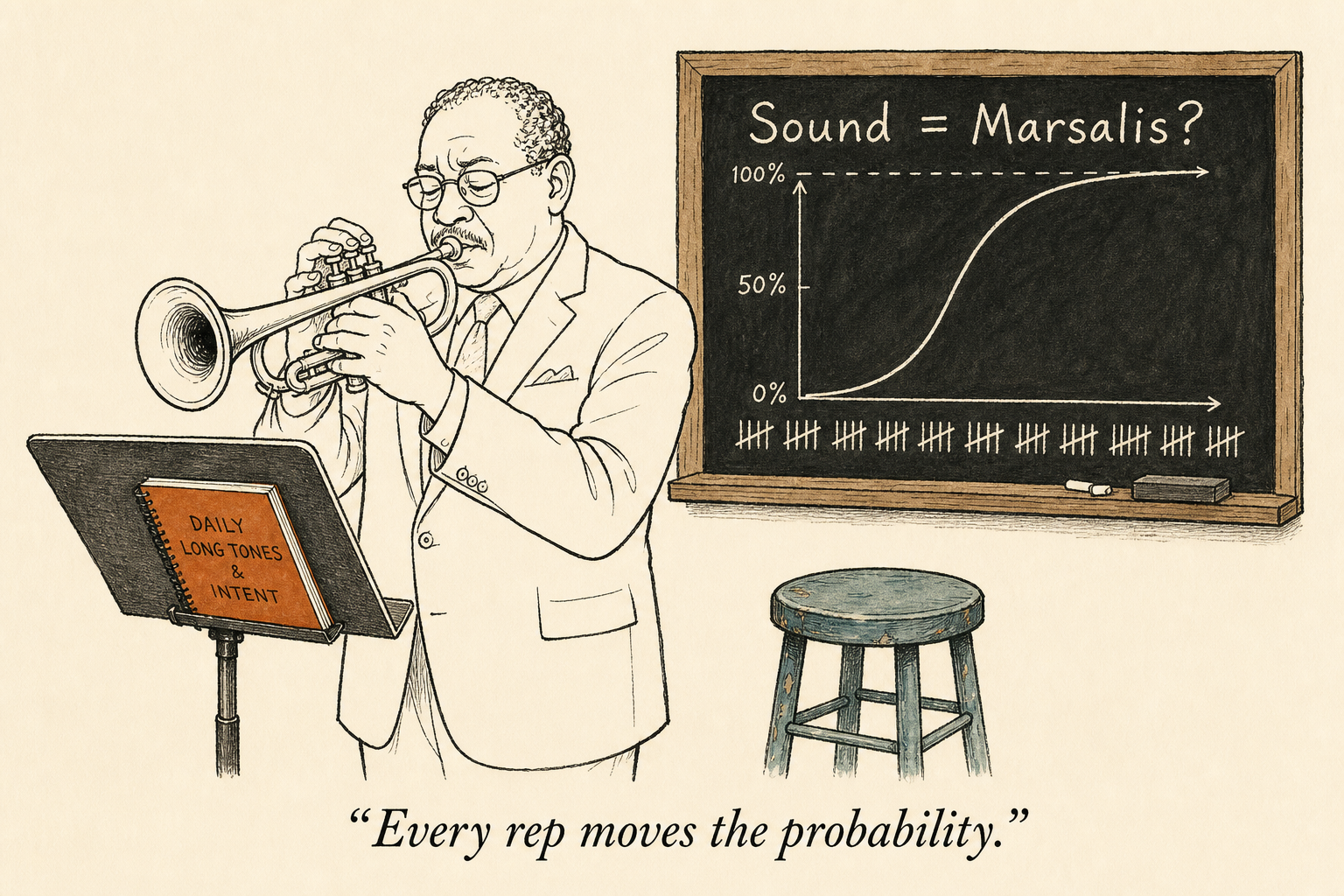 Older trumpet player at a music stand with a chalkboard showing a probability curve climbing toward 100%, labeled Sound = Marsalis? Every rep increases the probability.
