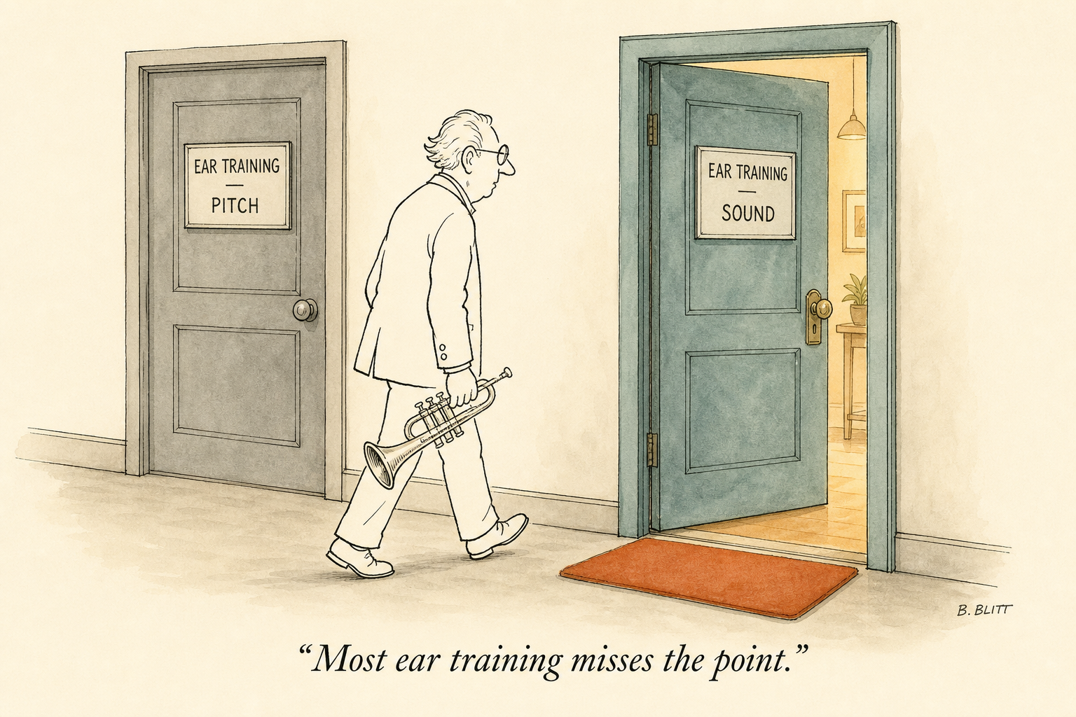 Older trumpet player walking past two doors in a hallway: a closed gray door labeled EAR TRAINING PITCH and an open dusty teal door glowing with light, labeled EAR TRAINING SOUND.