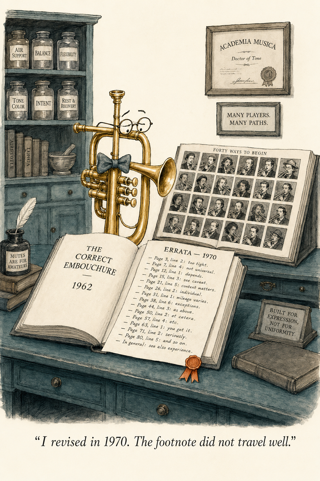 New Yorker style watercolor cartoon: anxious player in gray driving a dusty teal sedan at night with a blank map on the dashboard, taillights vanishing ahead, while the brass trumpet in tweed cap holds a fully drawn streetmap in the passenger seat. Trumpet Comeback Strategy featured image.