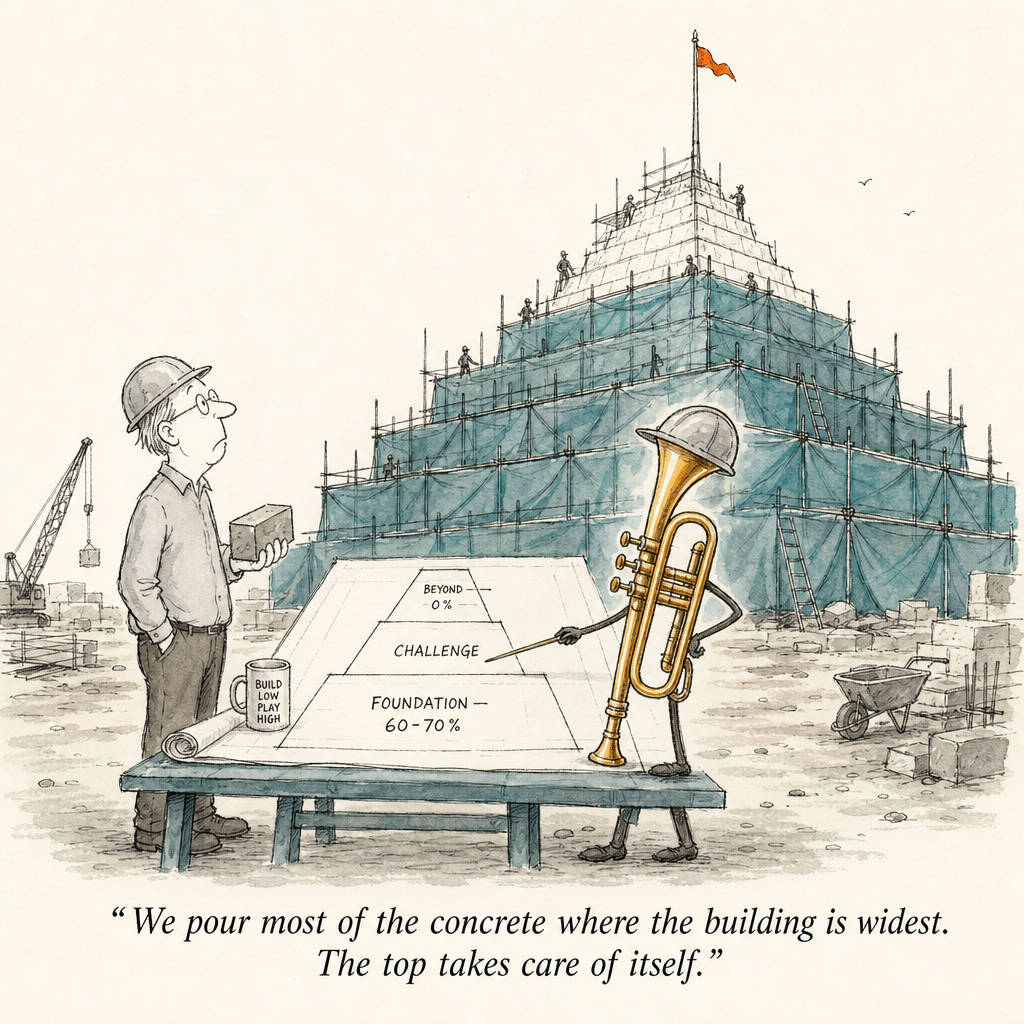 Watercolor cartoon of a stepped pyramid under construction — building trumpet range from a wide foundation