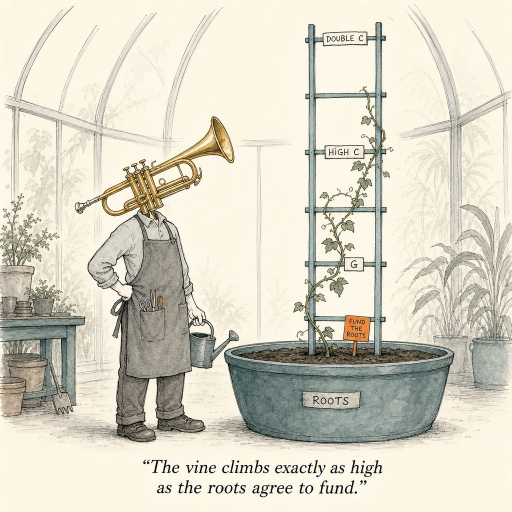Watercolor cartoon of a conservatory vine climbing a trellis — steady growth of trumpet range