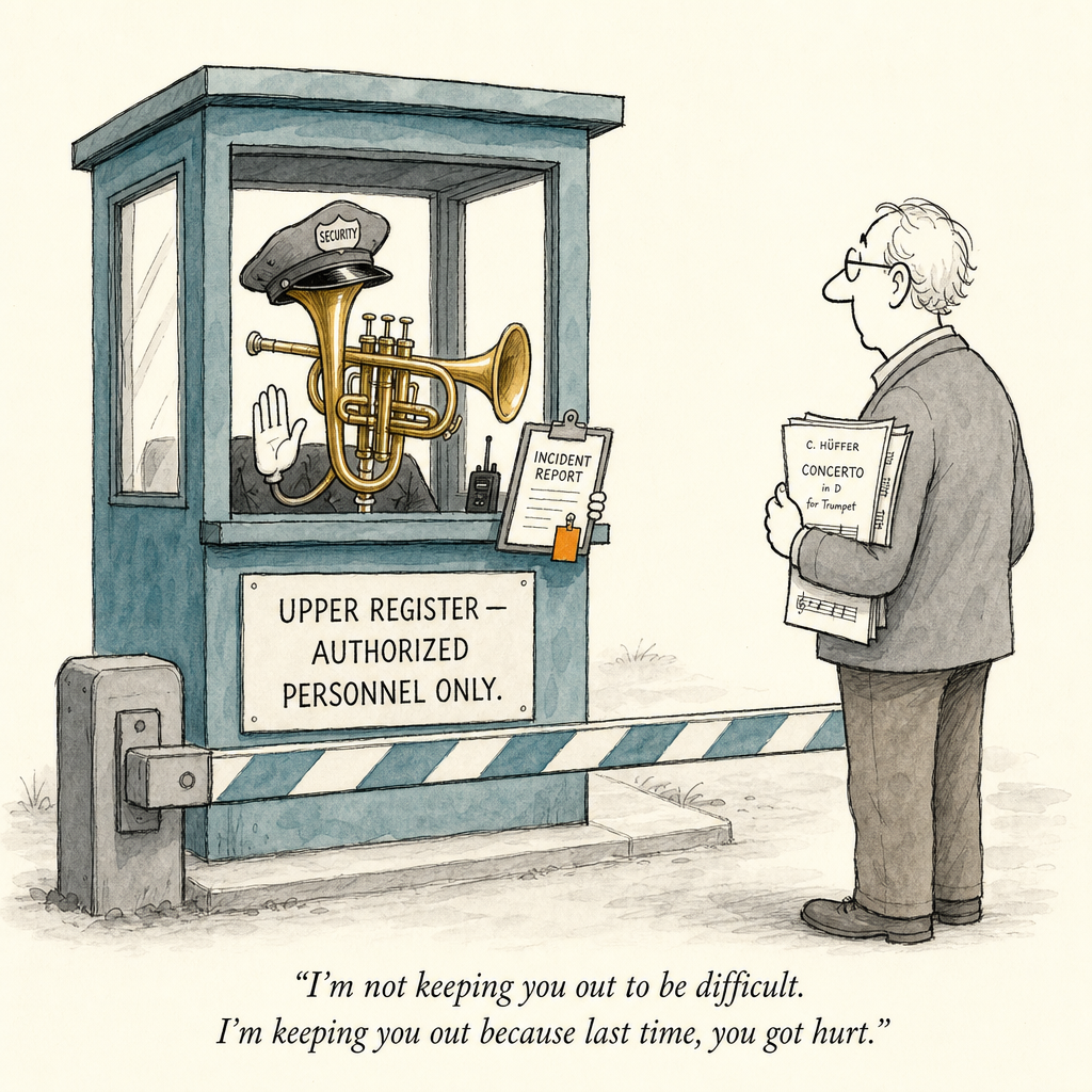 Watercolor cartoon of a guard booth blocking the road — why you can't play high notes on trumpet