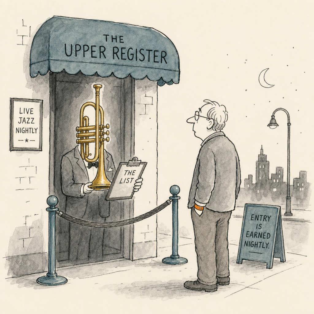 Watercolor cartoon of a velvet rope line — the barrier to high notes on trumpet