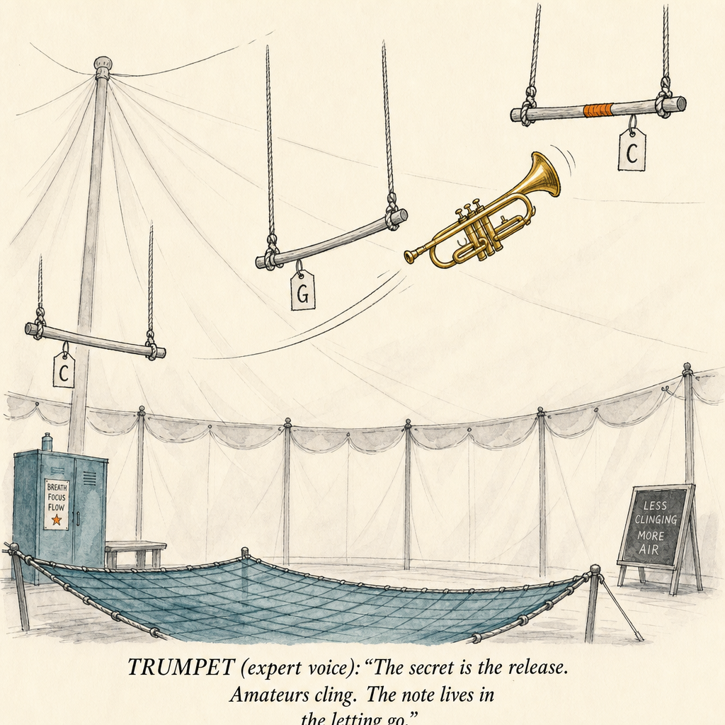 Watercolor cartoon of a trapeze artist mid-release — lip slurs for trumpet