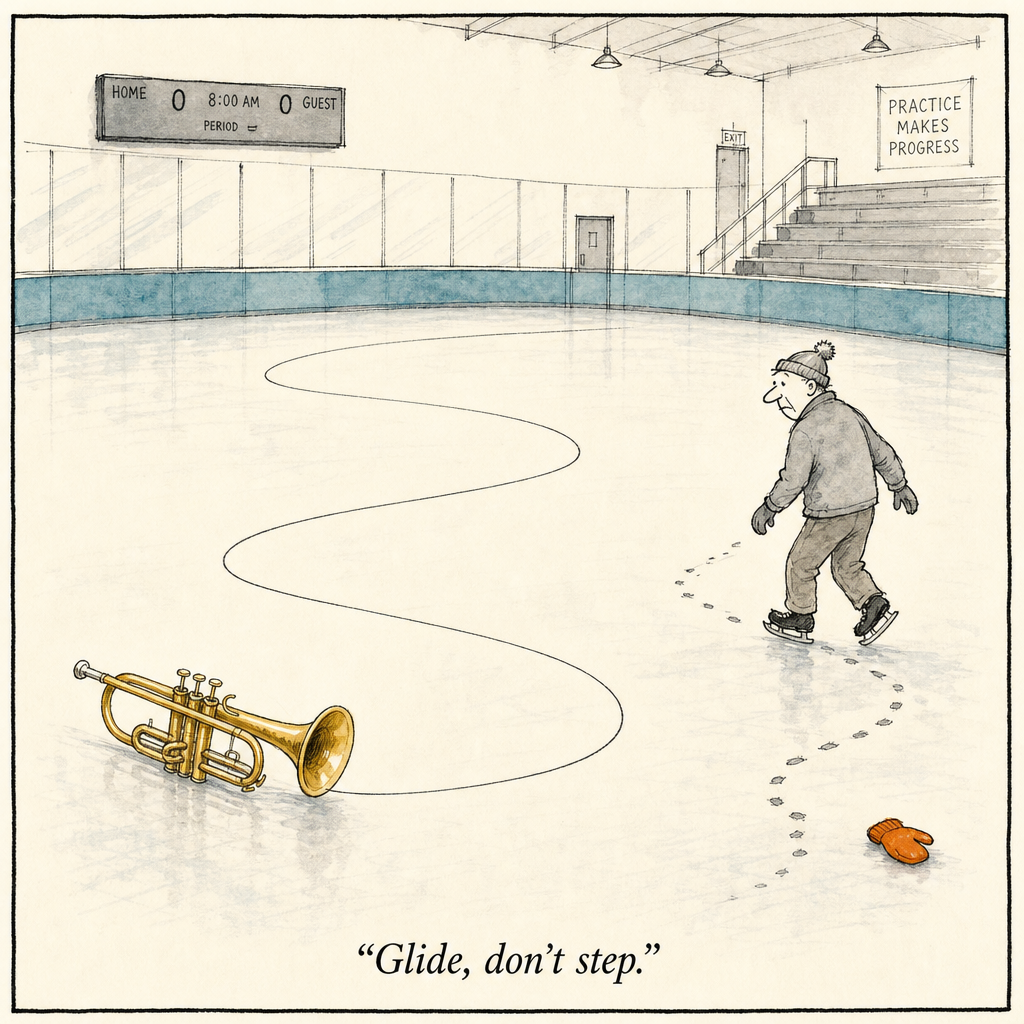 Watercolor cartoon of a skater on a fresh morning rink — smooth lip slur motion