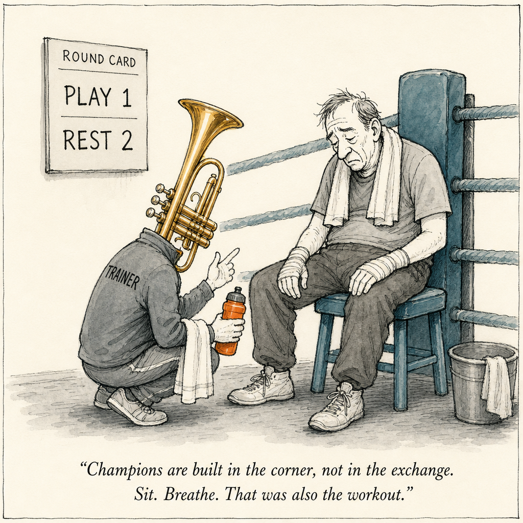 Watercolor cartoon of a boxer resting between rounds — how to build trumpet stamina