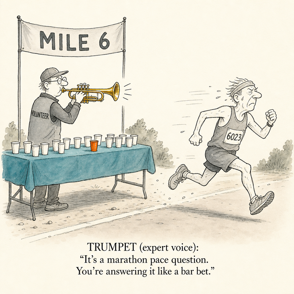 Watercolor cartoon of a marathon aid station — recovery while building trumpet stamina