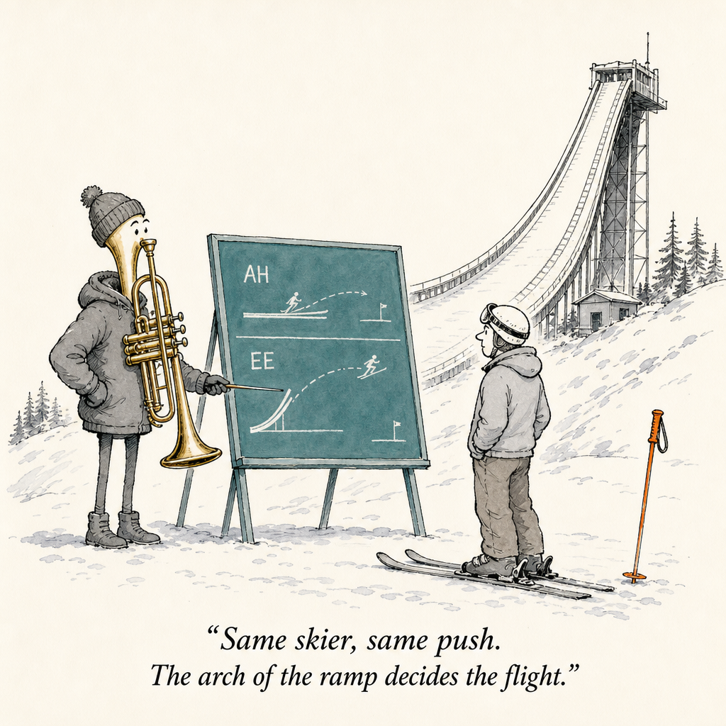 Watercolor cartoon of a ski jump ramp — tongue position for high notes on trumpet