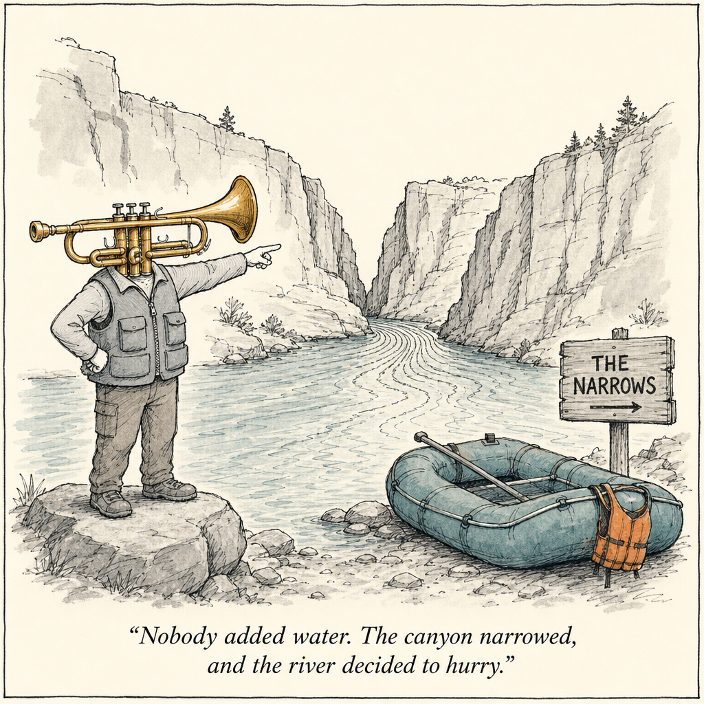 Watercolor cartoon of a river narrowing to speed up — faster air for high notes