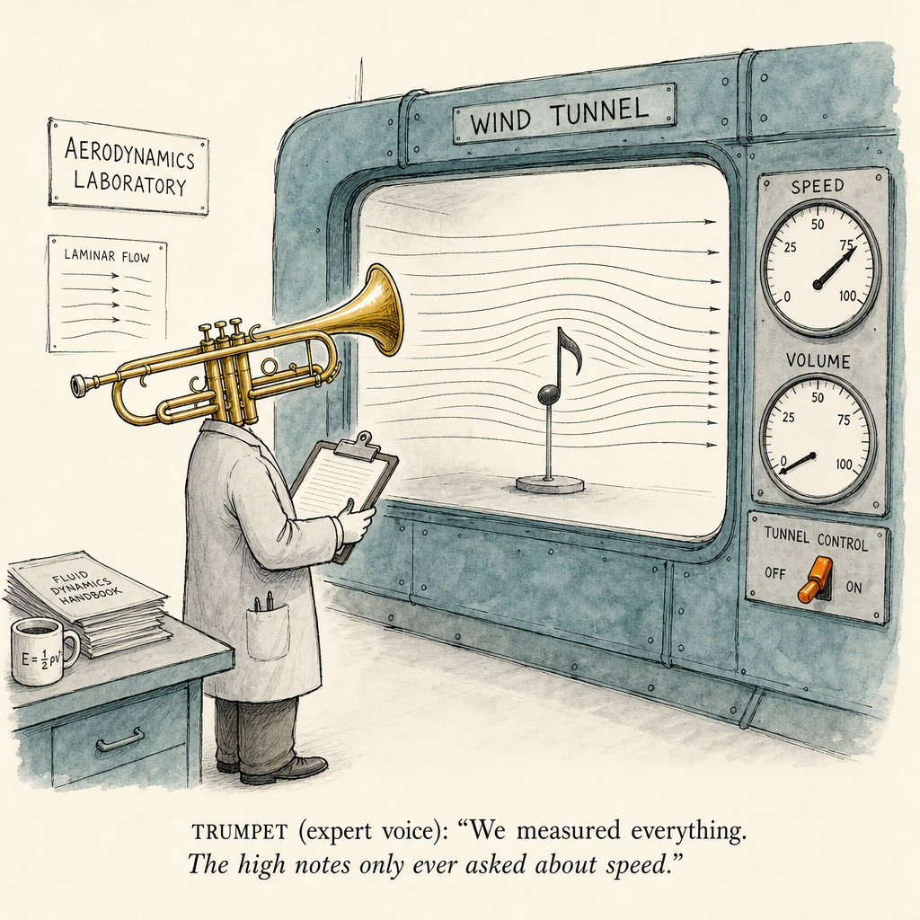 Watercolor cartoon of a wind tunnel test — air speed vs air volume for trumpet range