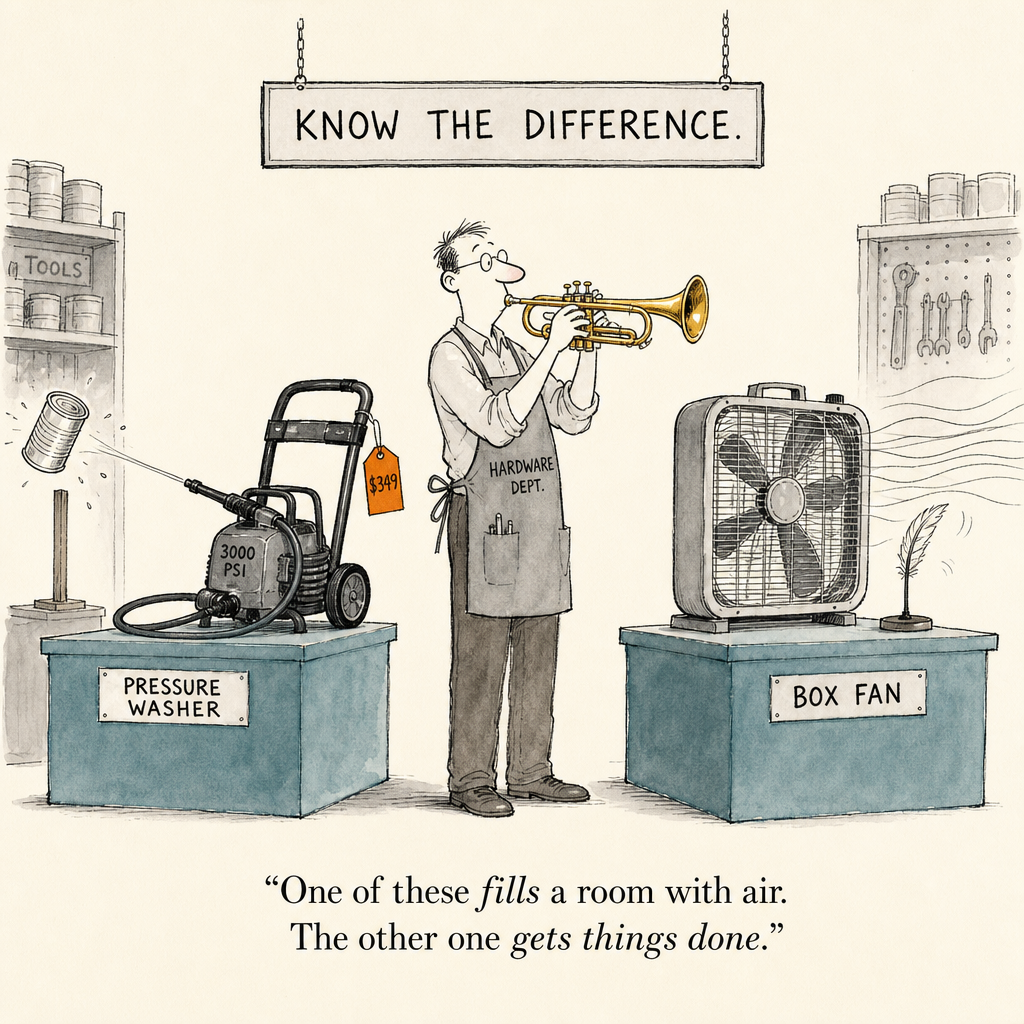 Watercolor cartoon of a garden hose demo in aisle nine — air speed vs air volume