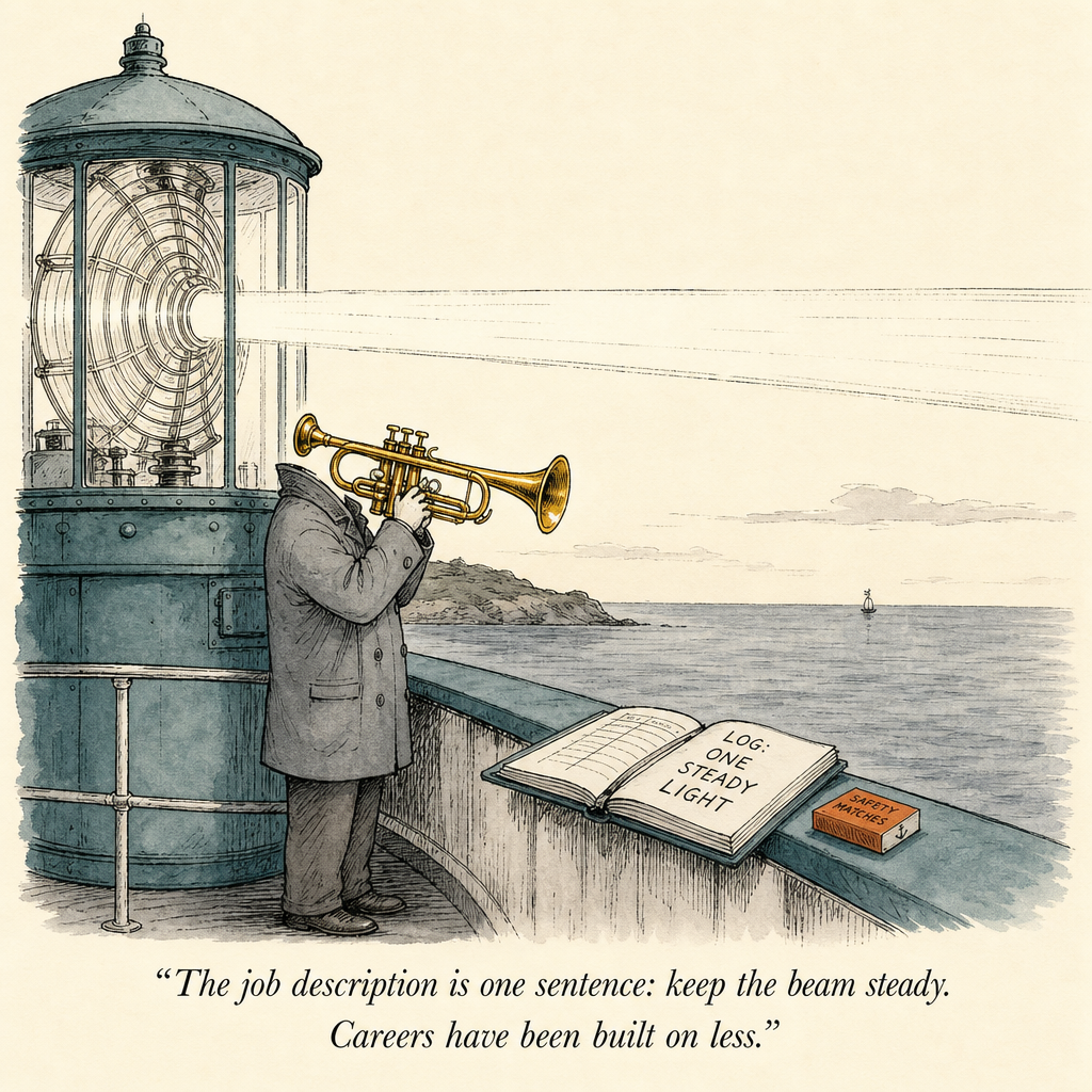 Watercolor cartoon of a lighthouse keeper's steady beam — long tones for trumpet