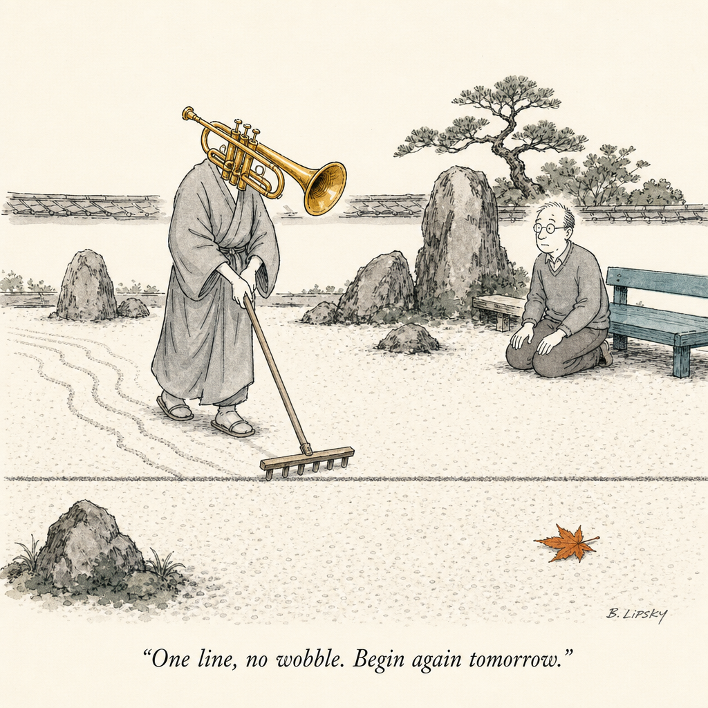 Watercolor cartoon of one unbroken painted line — the long tone principle