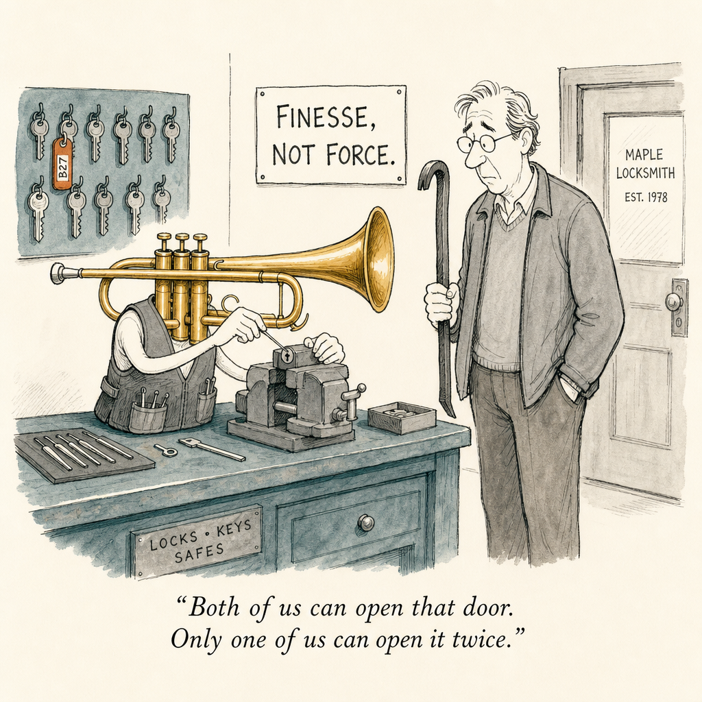 Watercolor cartoon of finesse winning over force — extending trumpet range without pressure