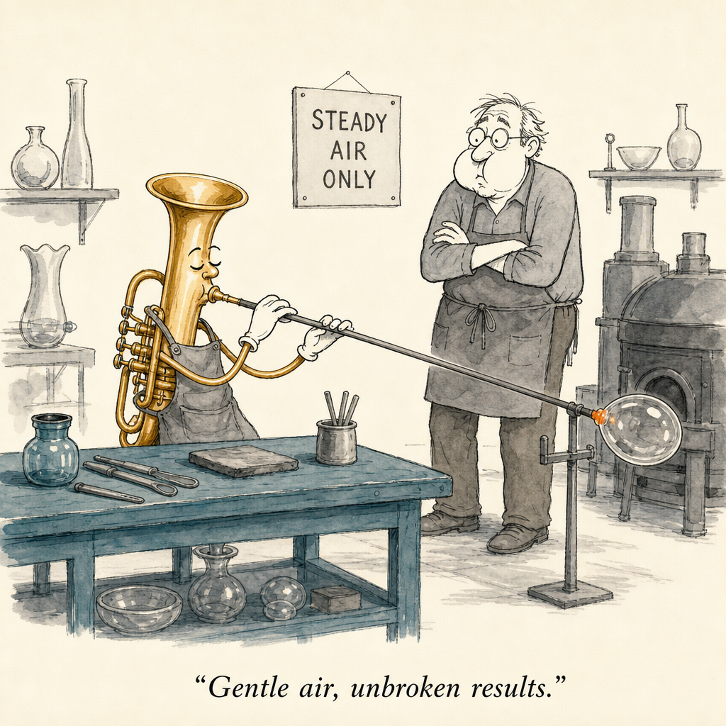 Watercolor cartoon of a glassblower's controlled breath — range without pressure