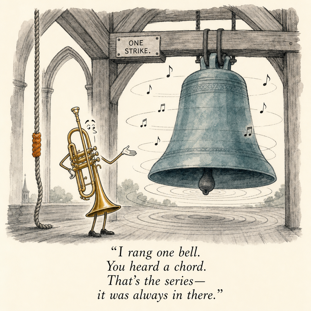 Watercolor cartoon of one bell ringing among many — trumpet overtone exercises