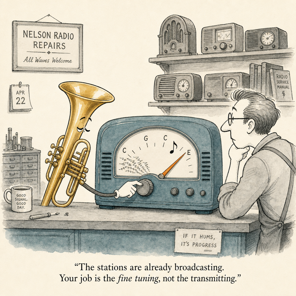 Watercolor cartoon of a hand tuning a radio dial — finding resonance with overtones
