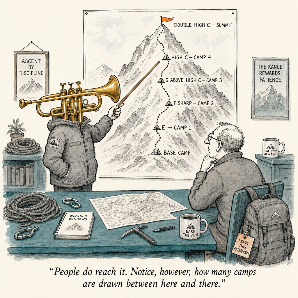 Watercolor cartoon of a mountain expedition office — is double high C on trumpet realistic
