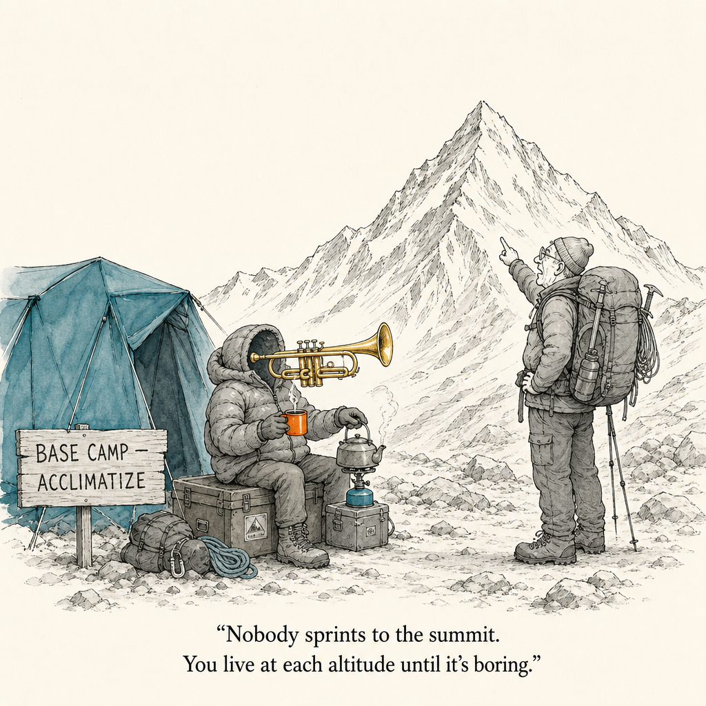 Watercolor cartoon of tea at base camp — patience on the road to double high C