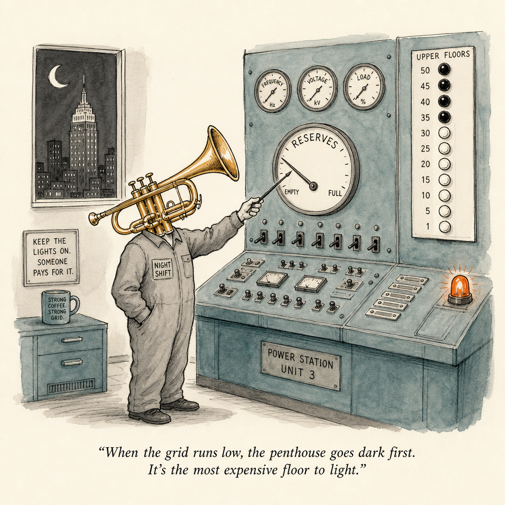Watercolor cartoon of a dark top floor in an office tower — range gone when tired