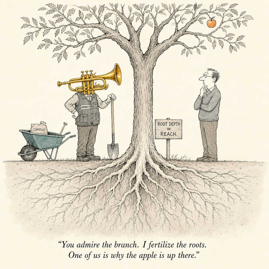 Watercolor cartoon of a tree's root system — pedal tones feeding the upper register