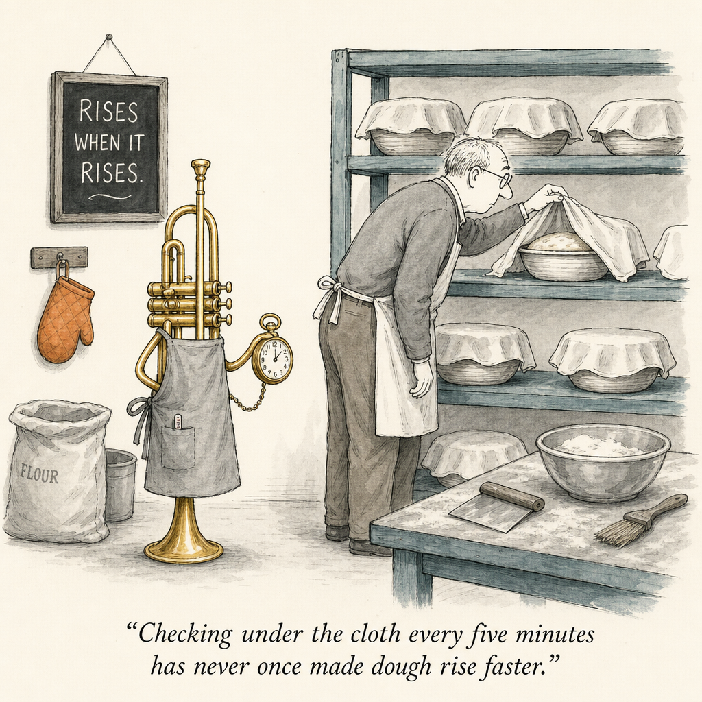 Watercolor cartoon of bread proofing in a bakery — range gains that take time