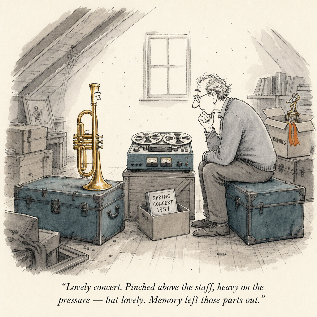 Watercolor cartoon of an old glory-days highlight tape — the comeback embouchure trap