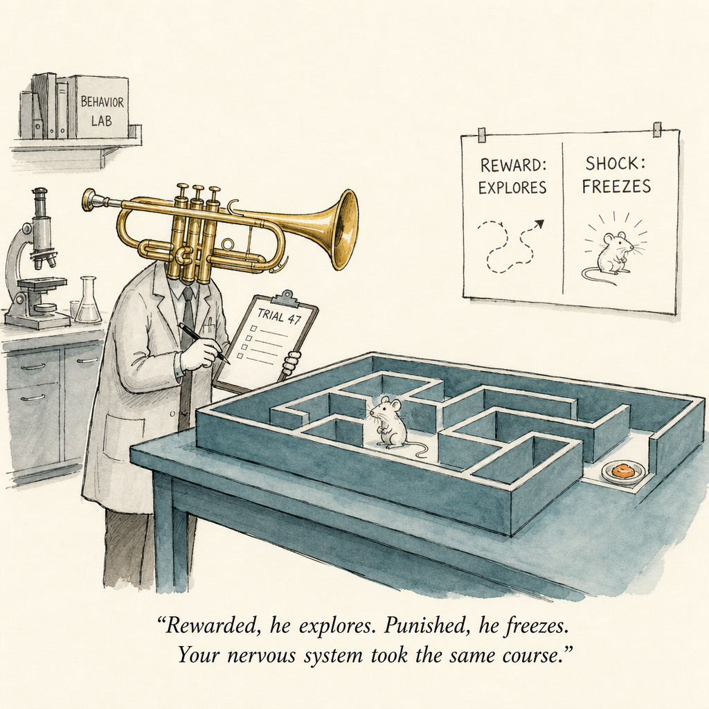 Watercolor cartoon of a mouse studying a maze — analyzing embouchure mistakes