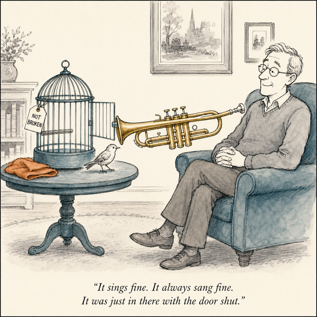 Watercolor cartoon of an open cage door — the freedom after an embouchure reset