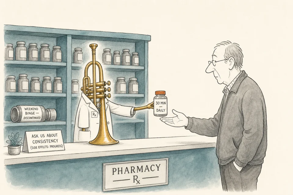 Trumpet pharmacist handing a bottle labeled 30 min daily
