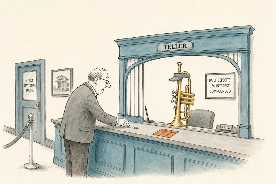 Trumpet as a bank teller taking a small daily deposit